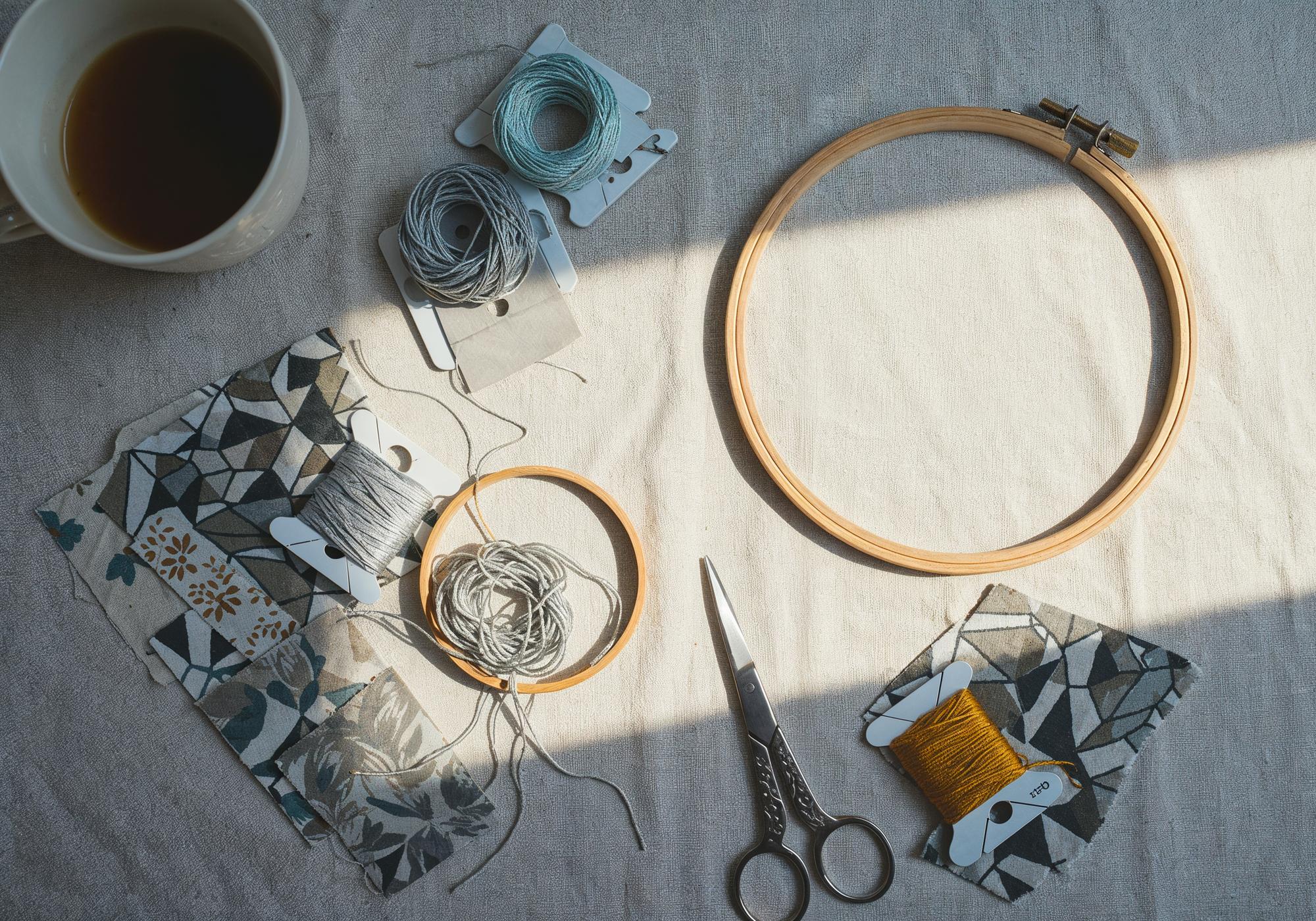 Workshop table with threads, hoops and sketches