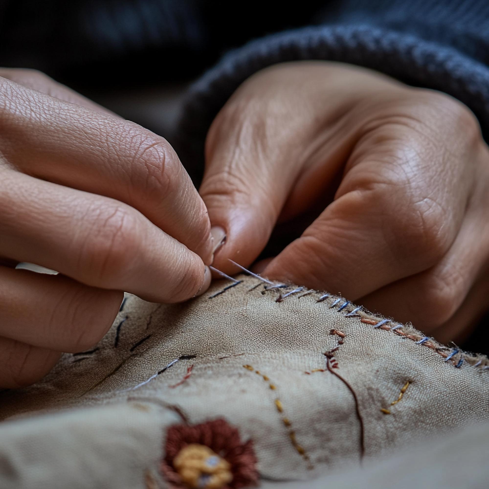 Conservator repairing vintage embroidered textile under light